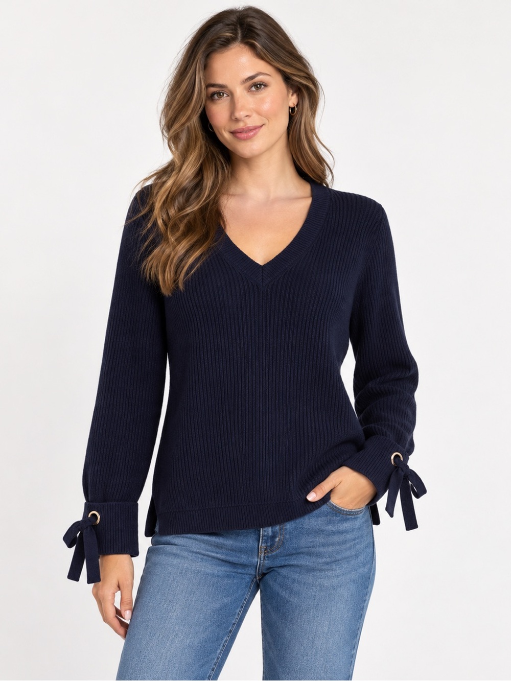 Michael Kors Navy V-Neck Ribbed Sweater with Tie Cuffs